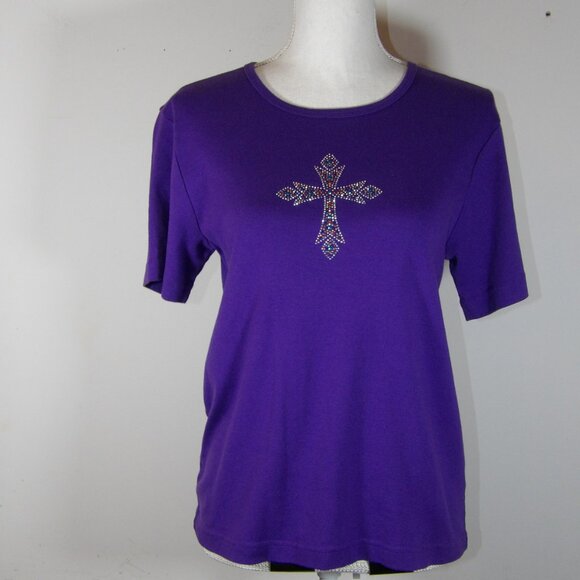 Tapestry Patch Purple Tee Shirt with Rhinestone Cross on the front Size XL - Picture 2 of 4